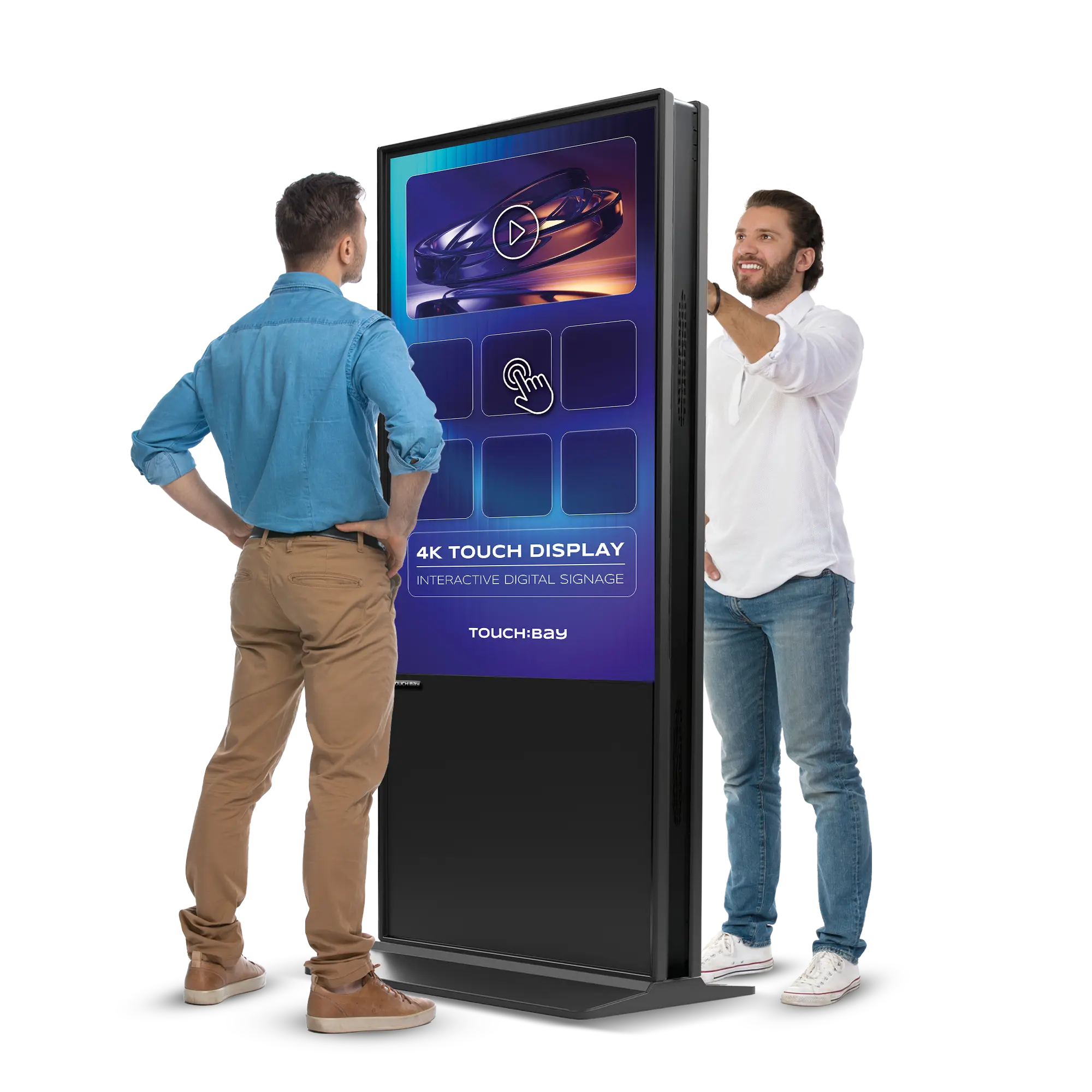 Touch:Bay - 2 Männer stehen vor 55 zoll Stele als Größenvergleich